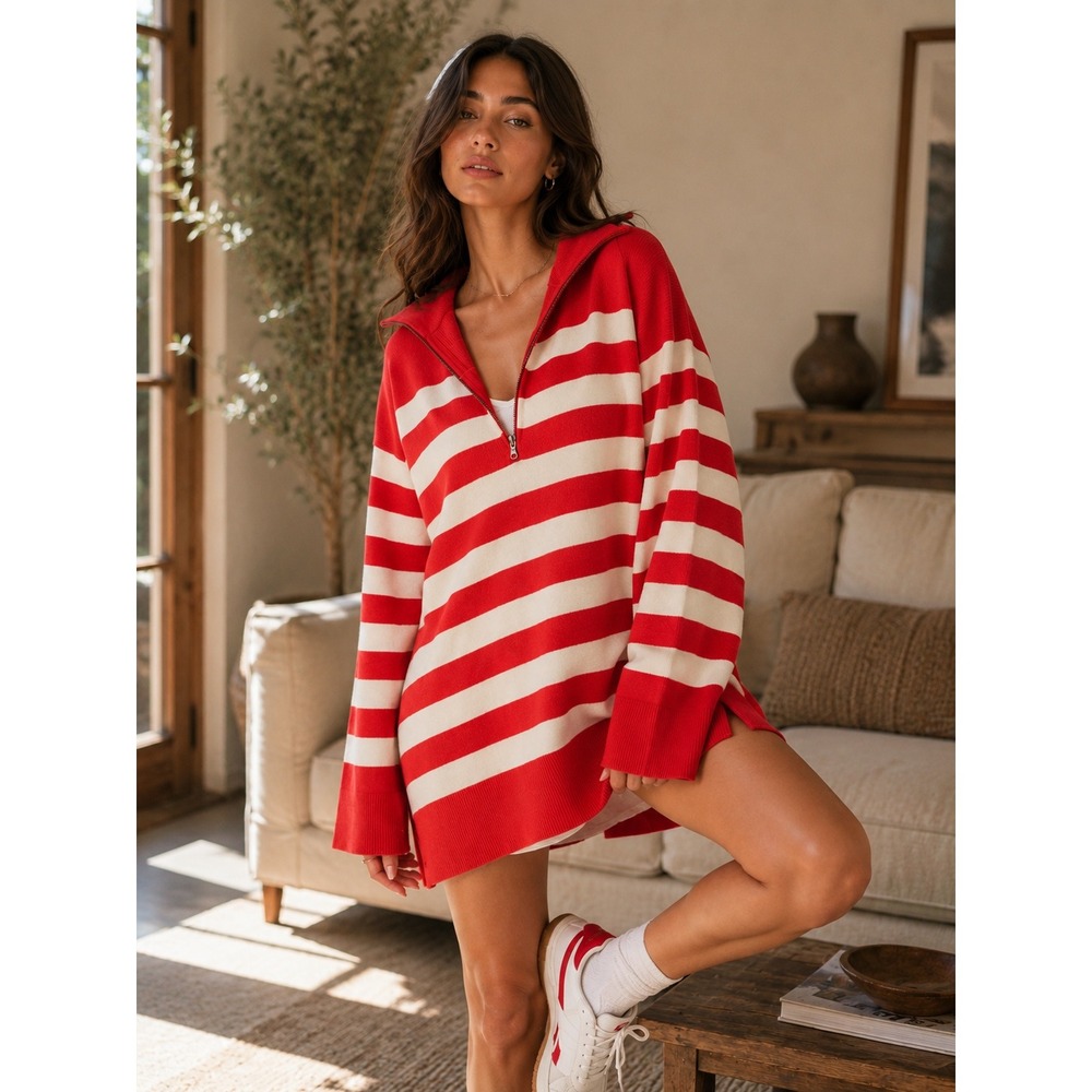 Free People Sweater Women XS Red Grey Striped Preppy Coastal